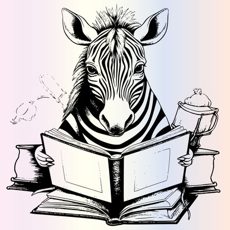 Zebra reading a book. Hand drawn vector illustration in sketch style.のイラスト素材