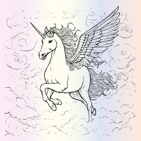 Unicorn in the clouds. Hand drawn vector illustration in sketch style.のイラスト素材