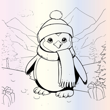 Penguin with a gift. Coloring book for children.のイラスト素材