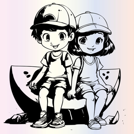 Boy and girl sitting on the toilet. Vector illustration in cartoon style.のイラスト素材