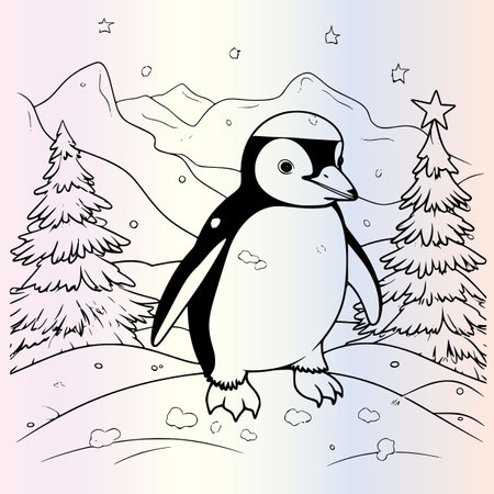 penguin on the background of the winter landscape, vector illustrationのイラスト素材