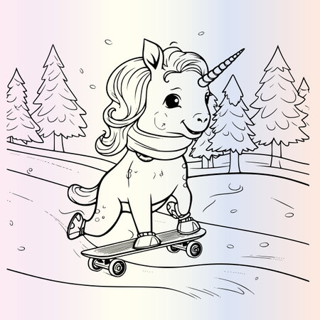 Unicorn rides a skateboard in the winter forest. Vector illustration.のイラスト素材