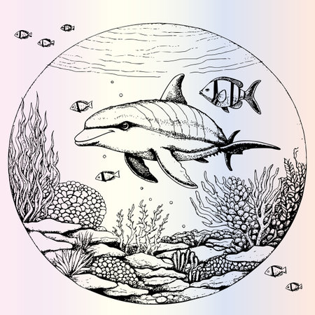 Hand drawn vector illustration of a shark and corals on a round background.のイラスト素材