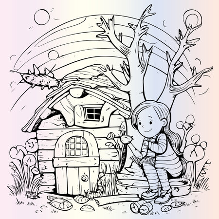 Little girl and her house in the forest. Coloring book for childrenのイラスト素材