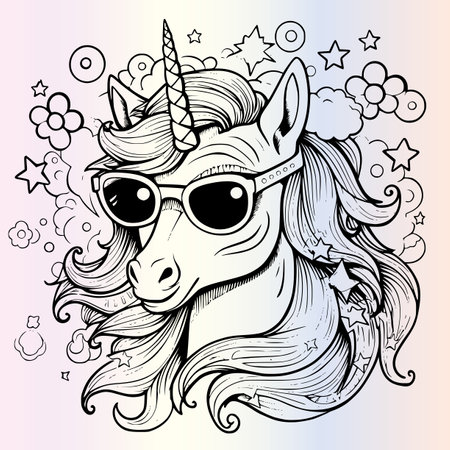 Unicorn head in sunglasses. Hand drawn vector illustration for tattoo or t-shirt design.のイラスト素材