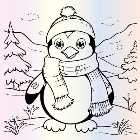 Coloring Page Outline of cute cartoon penguin with scarf and hatのイラスト素材