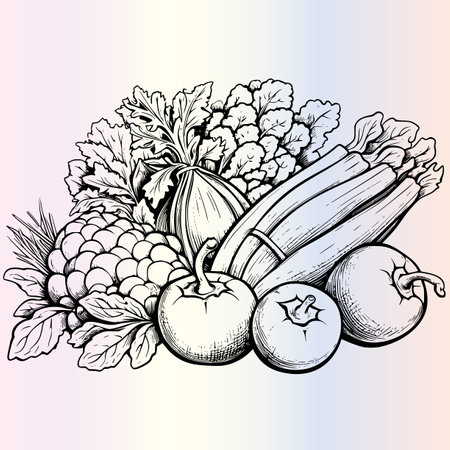 Vegetables and fruits. Hand drawn vector illustration in sketch style.のイラスト素材