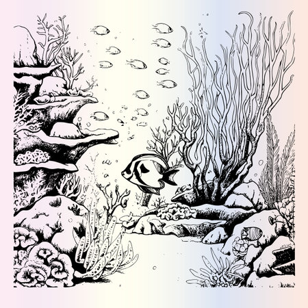 Underwater world. Hand drawn vector illustration. Underwater world.のイラスト素材