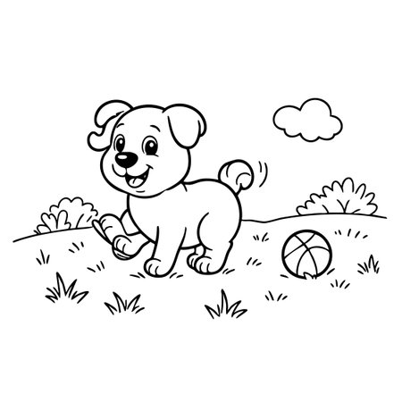 Cute cartoon dog playing with a ball. Vector illustration for coloring book.のイラスト素材