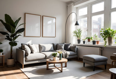 interior of modern scandinavian living room with gray sofa and plants