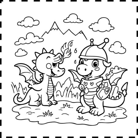 Two cute, friendly cartoon dragons are in a landscape with mountains and clouds. One dragon is breathing a small flame, while the other is dressed in knight's armor, complete with a helmet and shield. They appear to be interacting playfully. The scene is rendered in black and white outline, suitable for coloring.のイラスト素材
