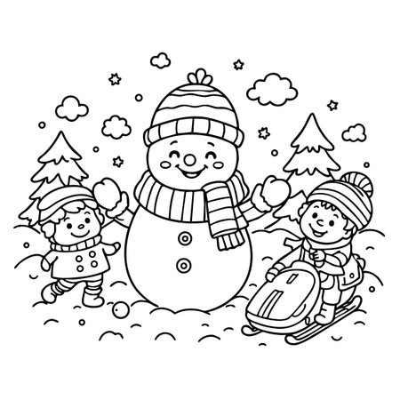 A cheerful black and white outline illustration depicts a happy snowman with a striped scarf and hat, standing between two smiling children. One child is on the left, wearing a hat and coat, with mittens raised. The other child is on the right, sitting on a sled. The scene is set in a snowy landscape with stylized trees, rolling hills, clouds, and stars, suggesting a winter day filled with fun and outdoor activities. This is a coloring page style image.のイラスト素材