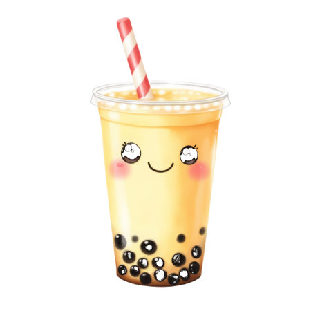 A charming illustration of a cup of boba tea presented with a cute, smiling face. The drink is a pale yellow color, filled with dark tapioca pearls at the bottom. A red and white striped straw is inserted into the clear plastic cup. The cup has a clear lid, and the illustration features subtle sparkling accents around the top. The overall style is whimsical and appealing, with rosy pink blush marks on the cheeks of the drink's face.の写真素材