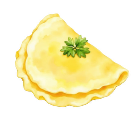 A golden yellow omelette, neatly folded in half, is presented on a white plate. A sprig of fresh green parsley is placed on top as a garnish. The illustration is done in a watercolor style, with a white background.の写真素材