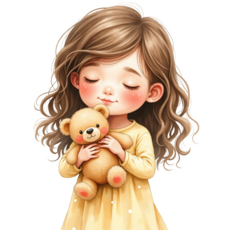 A watercolor illustration of a young girl with wavy brown hair and closed eyes, gently hugging a small, light brown teddy bear. She wears a soft yellow dress and has rosy cheeks. The image conveys a sense of warmth, comfort, and innocence, set against a blurred white background.の写真素材