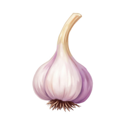 A single bulb of garlic is shown with its characteristic purple and white cloves. The stem is a pale yellow, curving upwards. The image is rendered in a realistic watercolor style, set against a clean white background.の写真素材