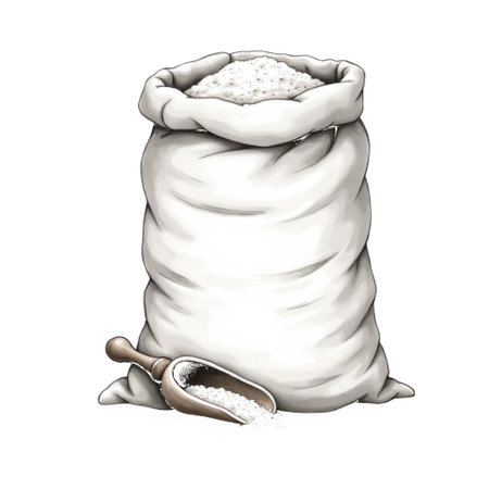 A white burlap sack is filled to the brim with white granular salt. A wooden scoop rests in front of the sack, also filled with salt, with some grains spilled on the surface below. The image is rendered in a watercolor style with a white background.の写真素材