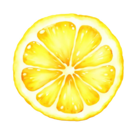 A close-up watercolor illustration of a bright yellow lemon slice. The image showcases the juicy, translucent segments of the lemon, radiating from the center. The rind is a vibrant yellow with a slightly textured edge. The artwork has a fresh, clean aesthetic with soft shading and is presented on a white background.の写真素材