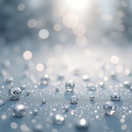 A silver glitter surface with scattered metallic spheres and soft, bright bokeh lights creating a shimmering effect.の素材