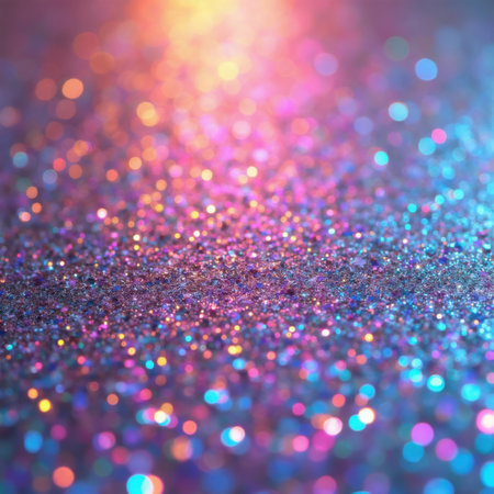 A soft focus background of colorful glitter with bokeh lights in shades of pink, blue, and purple. Clear details and vibrant colors enhance visual appeal.の素材