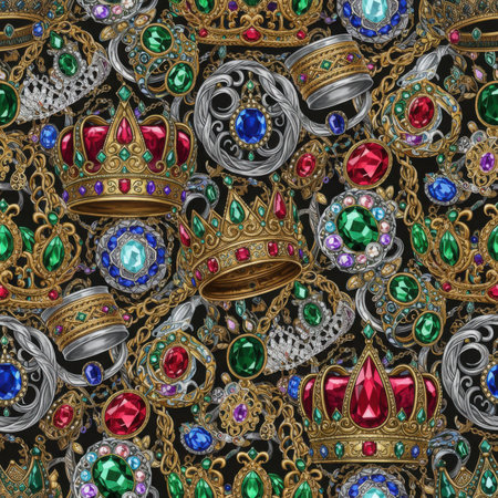 A rich, seamless pattern on a black background filled with an opulent collection of golden crowns, silver rings, and sparkling red, green, blue, and purple gemstones. Clear details and vibrant colo...の素材