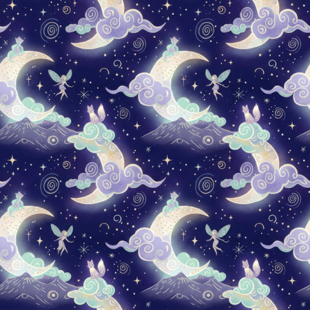 A dreamy seamless pattern of a glowing crescent moon surrounded by clouds, stars, and small fairies, with mountains in the background on a dark blue night sky. Clear details and vibrant colors enha...の素材