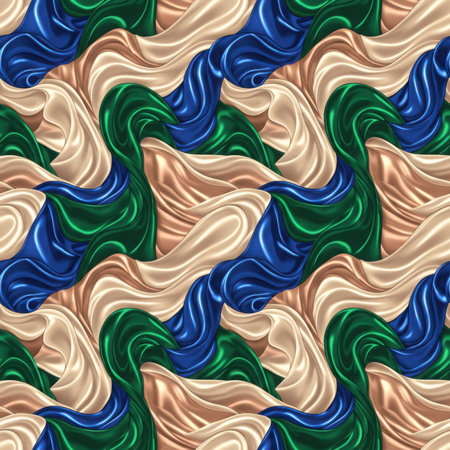 An abstract seamless pattern of flowing, draped silk fabric in shades of blue, green, and beige, creating a sense of smooth, luxurious movement. Clear details and vibrant colors enhance visual appeal.の素材