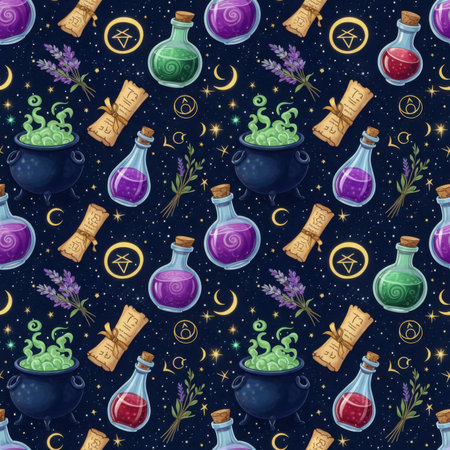 A seamless pattern featuring witchy elements like cauldrons, potions in vials and flasks, scrolls, and lavender sprigs against a dark, starry night sky with moons and celestial symbols. Clear detai...の素材