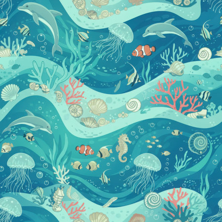 A vibrant, seamless pattern of an underwater ocean scene with stylized blue and teal waves, featuring dolphins, jellyfish, seahorses, clownfish, coral, and shells. Clear details and vibrant colors ...の素材