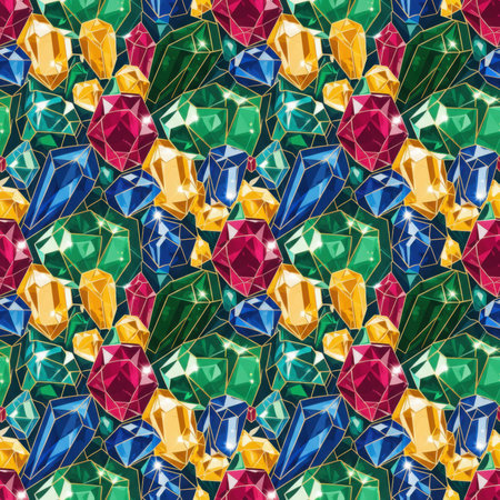 A vibrant and seamless pattern composed of various colorful, faceted gemstones with thin gold outlines on a dark background. Clear details and vibrant colors enhance visual appeal.の素材