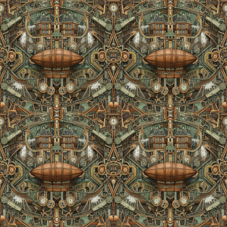 An intricate steampunk-inspired seamless pattern filled with gears, pipes, airships, and clockwork mechanisms in brown and green tones. Clear details and vibrant colors enhance visual appeal.の素材
