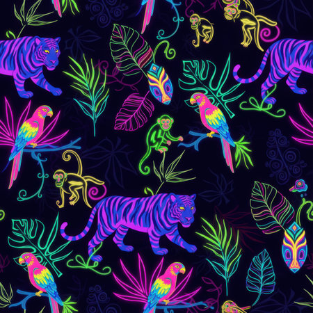 A vibrant neon pattern featuring stylized tigers, parrots, and monkeys amidst tropical leaves and masks on a dark background. Clear details and vibrant colors enhance visual appeal.の素材