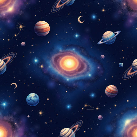 A vibrant, seamless pattern depicting a colorful galaxy, planets with rings, moons, and stars against a deep, dark cosmic background. Clear details and vibrant colors enhance visual appeal.の素材