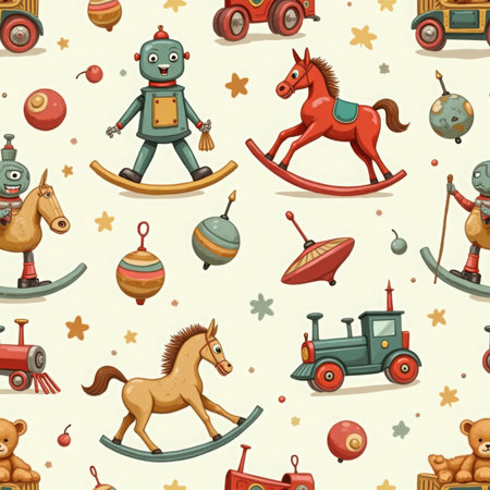 A charming, seamless pattern of vintage toys including rocking horses, robots, trains, and spinning tops on a light, textured background. Clear details and vibrant colors enhance visual appeal.の素材