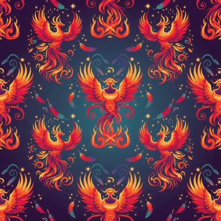 Image showing seamless phoenix pattern with fiery wings and feathers. High resolution image suitable for commercial use. Clear details and vibrant colors enhance visual appeal.の素材