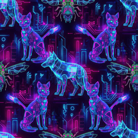 A dark, futuristic pattern with glowing robotic animals like cats, dogs, and insects, set against a backdrop of a neon cityscape and digital circuits. Clear details and vibrant colors enhance visua...の素材