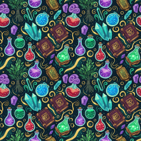 Magical showing magical potion and crystal seamless pattern. High resolution image suitable for commercial use. Clear details and vibrant colors enhance visual appeal.の素材
