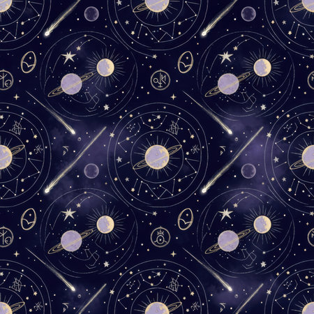 A dark blue seamless pattern depicting celestial constellations, planets, stars, and comets with a mystical, vintage feel. Clear details and vibrant colors enhance visual appeal.の素材