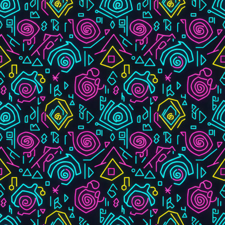 A vibrant, repeating geometric pattern in neon pink, blue, and yellow against a black background, featuring abstract shapes and lines reminiscent of 1980s design. Clear details and vibrant colors e...の素材
