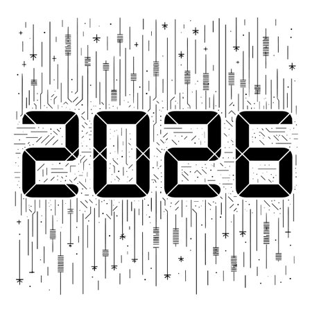 The year 2026 is displayed in bold black digits against a white background with a digital circuit board pattern of lines and dots.のイラスト素材