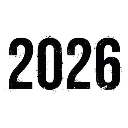 Bold, textured numbers spelling out 2026 in dark grey against a plain black background. Scalable vector format suitable for print and digital media.のイラスト素材