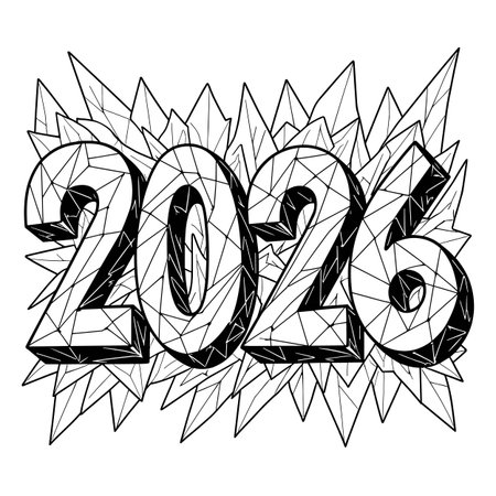 Bold black and white illustration of the year 2026 with sharp geometric shapes forming a background.のイラスト素材