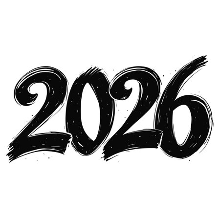 Hand-drawn brush stroke numbers forming the year 2026 in dark grey against a black background. Scalable vector format suitable for print and digital media.のイラスト素材