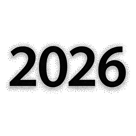 The year 2026 is displayed in bold black numbers with a speckled texture that fades outwards, creating a subtle gradient effect on a white background.のイラスト素材