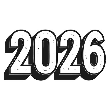 Stylized 3D numbers forming the year 2026 in dark gray with a shadow and textured surface. Scalable vector format suitable for print and digital media.のイラスト素材