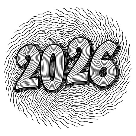 The year 2026 displayed in bold, outlined numbers against a background of concentric wavy lines in black and white.のイラスト素材