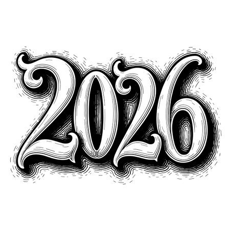 Hand drawn vintage lettering of the year 2026 with ornate flourishes and hatching texture in black...