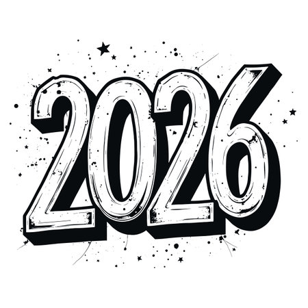 The year 2026 is rendered in a bold, graffiti-style font with a shadow effect and subtle paint splatters on a dark background.のイラスト素材