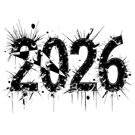 Black distressed numbers 2026 with ink splatters and cracks on a white background. Scalable vector format suitable for print and digital media.のイラスト素材