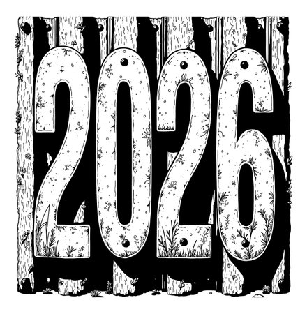 The numbers 2026 are illustrated with a wood grain texture and surrounded by hand-drawn foliage and grass elements on a black background.のイラスト素材